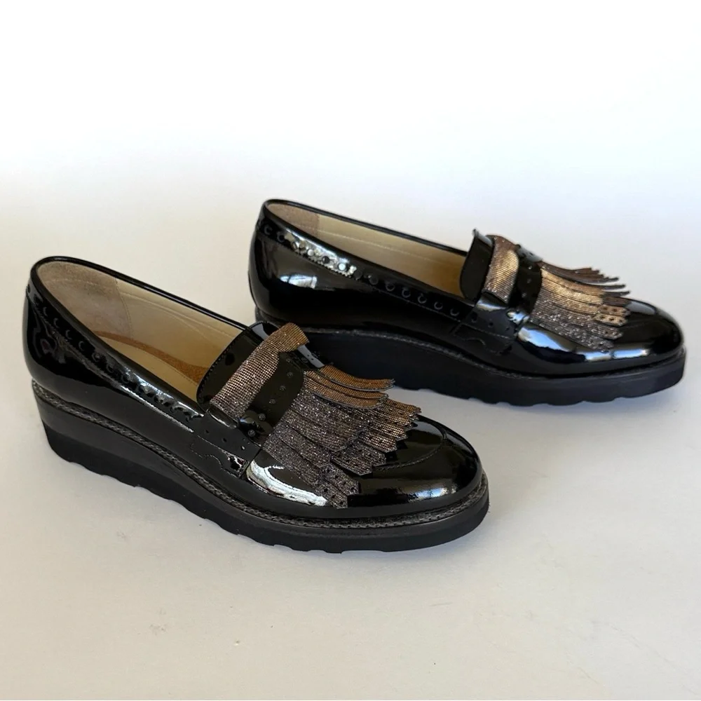 Mr. Pennywise Wedged Black Patent Loafer with Metallic Fringe - Picture 14 of 16